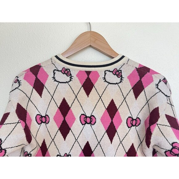 Hello Kitty Argyle Knit Cardigan Sweater Pink Burgundy Preppy Coquette Mall Y2K - Picture 5 of 8